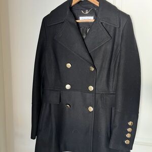 Calvin Klein Black Pea Coat with Gold Buttons Wool